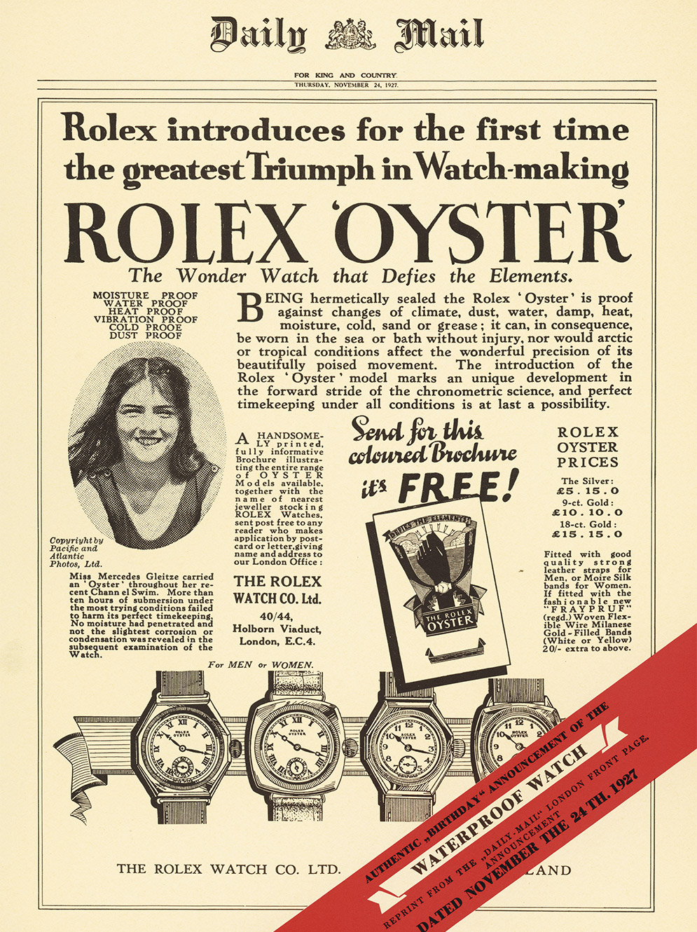 1927 Daily Mail Rolex Oyster advertisement featuring Mercedes Gleitze
